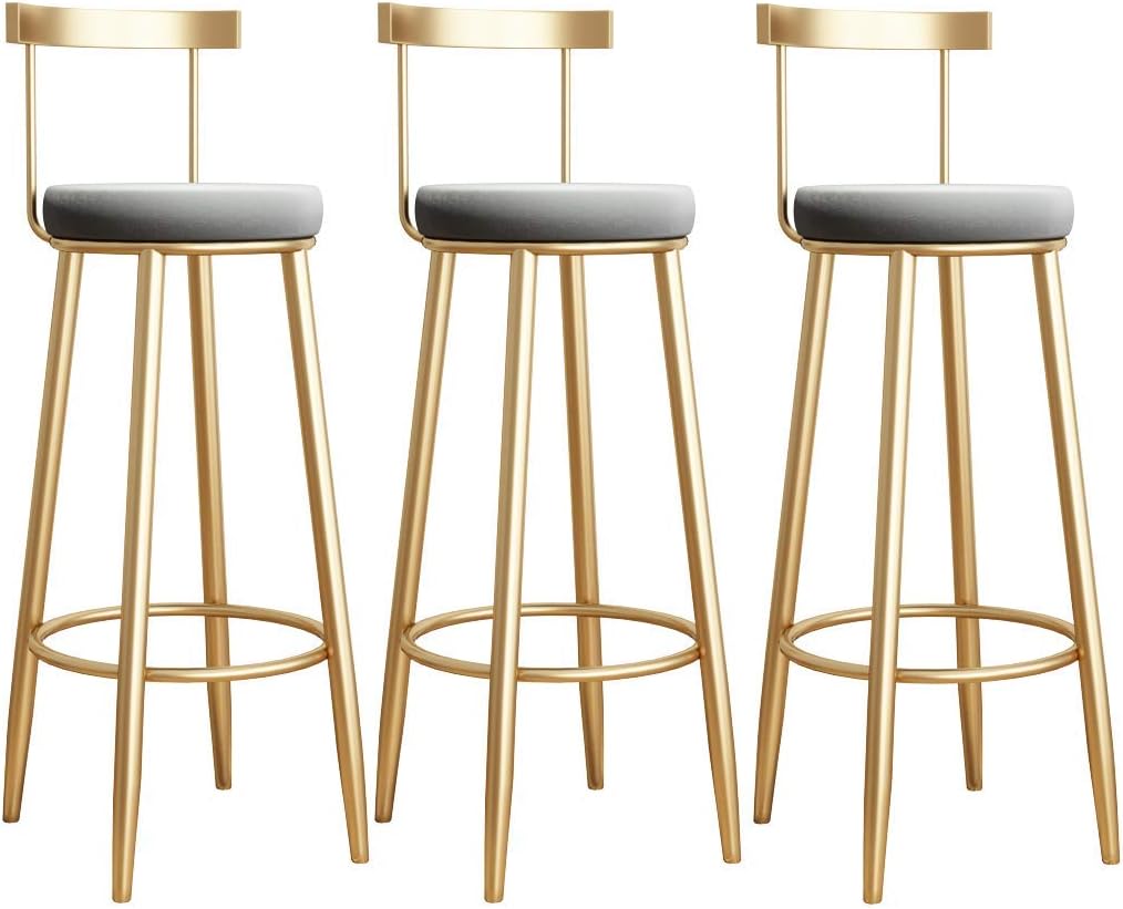 LZQBD Bar furniture/Bar Stool with Backrest Wrought Iron High Stool with Grey Velvet Upholstered Seat and Gold Metal Leg Counter Height Stool,Contemporary Bistro Pub Footrest Barstools - Set of 3
