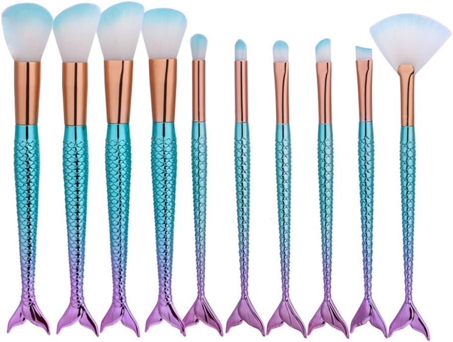 Makeup Brushes,Kasla 10PCS Professional Cute Foundation Mermaid Blending Cosmetic Eyeshadow Makeup Brush Set