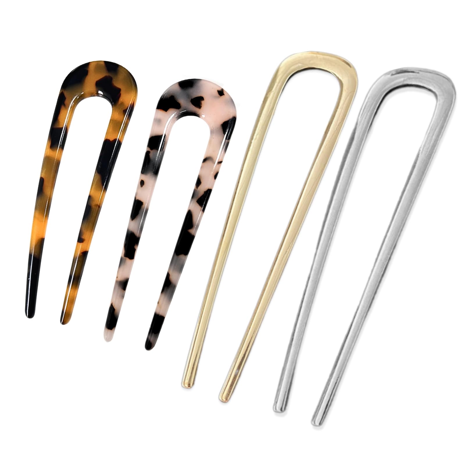 KEYRI 4 PCS French Hair Pins U-Shaped Hair Pins Delicate French Twist Pins for Variety Occasions Gold and Silver Hair Clips Dark and Light Tortoiseshell Clips for Women and Girls (Metal and Acetate)
