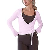 Womens Pilates Wrap Tie Top Y2k Slim Fit Long Sleeve Ballet Workout Top Yoga Cover Up Shirt Casual Outfit