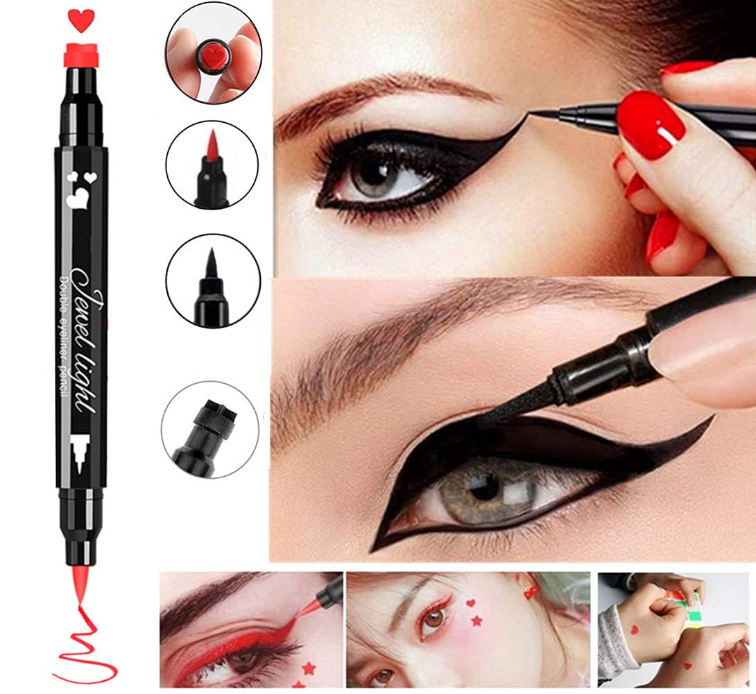 Go Ho 2 PCS Waterproof Liquid Eyeliner Stamps,Double-side Black&Red Smudge-proof Eye Liner,Heart Stamp Eyeliner for Halloween Costumes Makeup,Long-lasting Love Tattoo Tools for Valentines Day