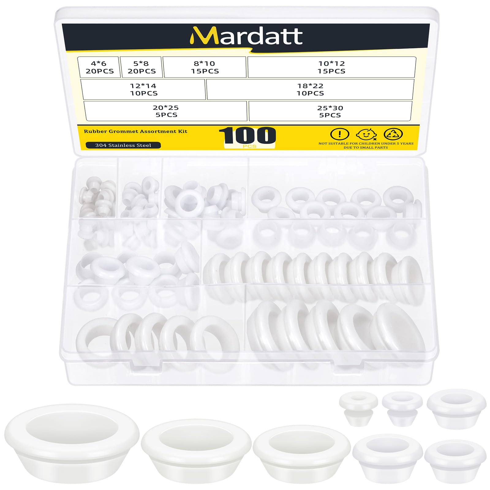 Mardatt 100Pcs White Rubber Grommets Kit, 8 Sizes Firewall Solid Closed Hole Plug Wire Protection Grommets for Wiring, Fit 2/13", 1/5", 5/16", 3/8", 1/2", 3/4", 13/16", 1" Drill Hole
