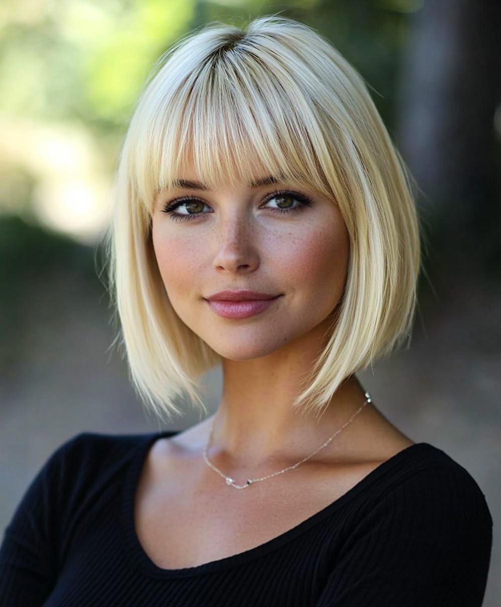 YEESHEDO Short Bob Wig with Bangs 12" Synthetic Straight Carnival Costume Party Cosplay Christmas Halloween Flapper Hair Wigs for Girls Women (Light Blonde)