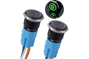 DMWD 2Pcs 19mm Latching Push Button Switch 12V-24V ON/Off 1NO 1NC Waterproof IP66 Black Metal Shell with Wire Socket for 3/4’’ Mounting Hole Power Symbol Light (Green LED)