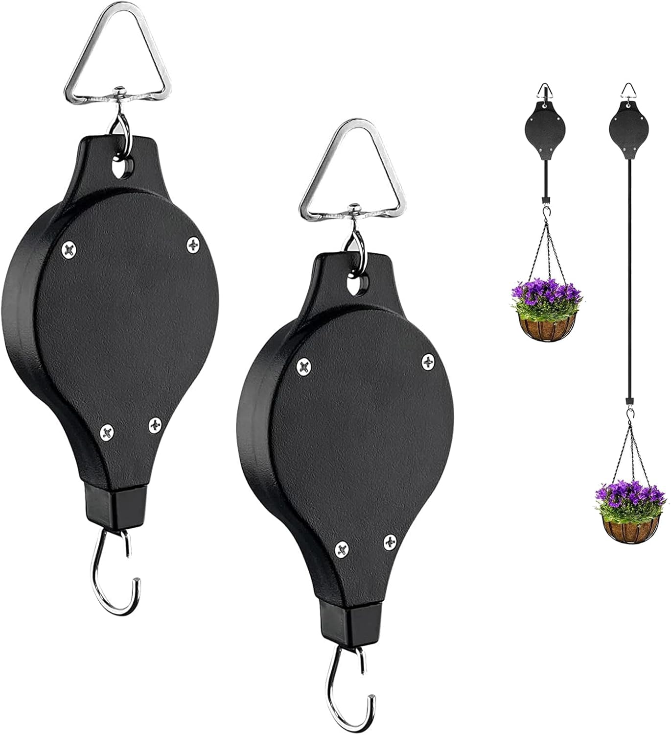 Outdoor Hanging Brackets - 2 Pack Plant Pulley Retractable Pulley Plant Hanger, Plant Pulley Hanger for Hanging Plants, Auto Lock,Heavy Duty, Plant Hook Pulley for Garden Baskets Pots & Birds Feeder (Black)
