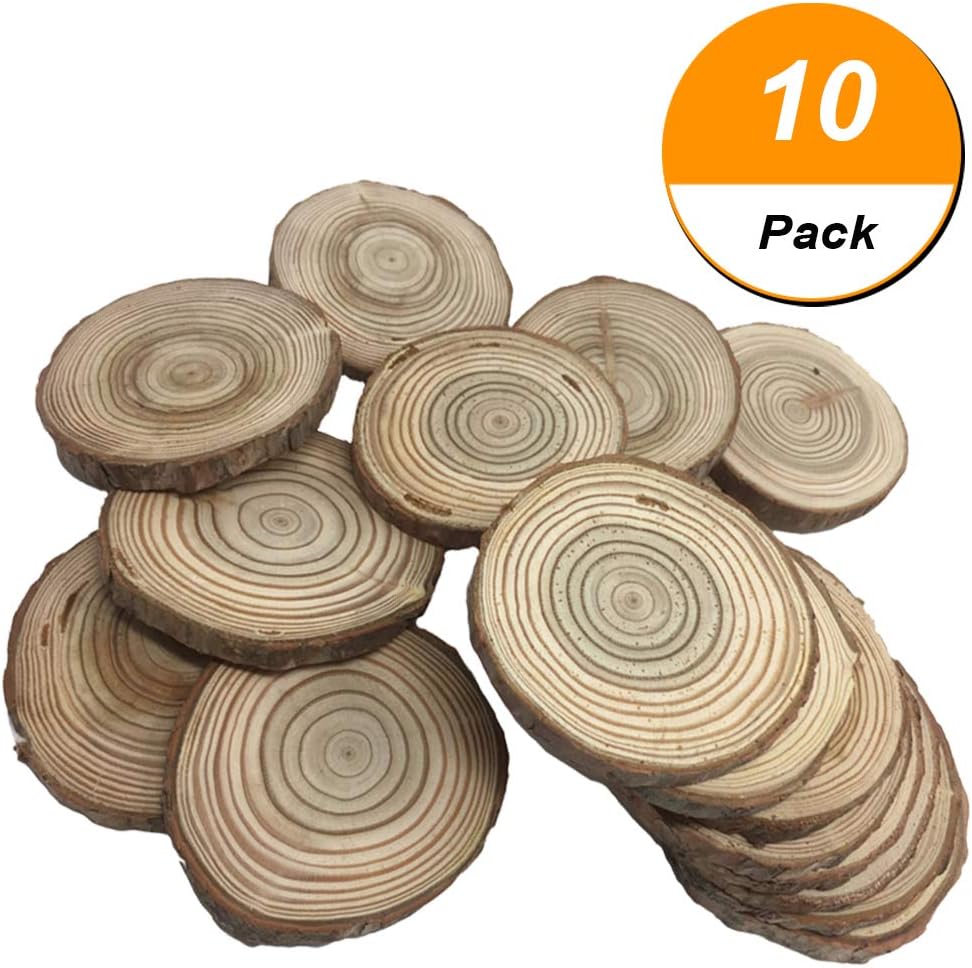 Unfinished Natural Wood Slices Circles with Tree Bark Log Discs for DIY Craft Rustic Wedding Ornaments Coasters Natural Wood Slices Circles Coasters(10 Pcs 3.5"-4")