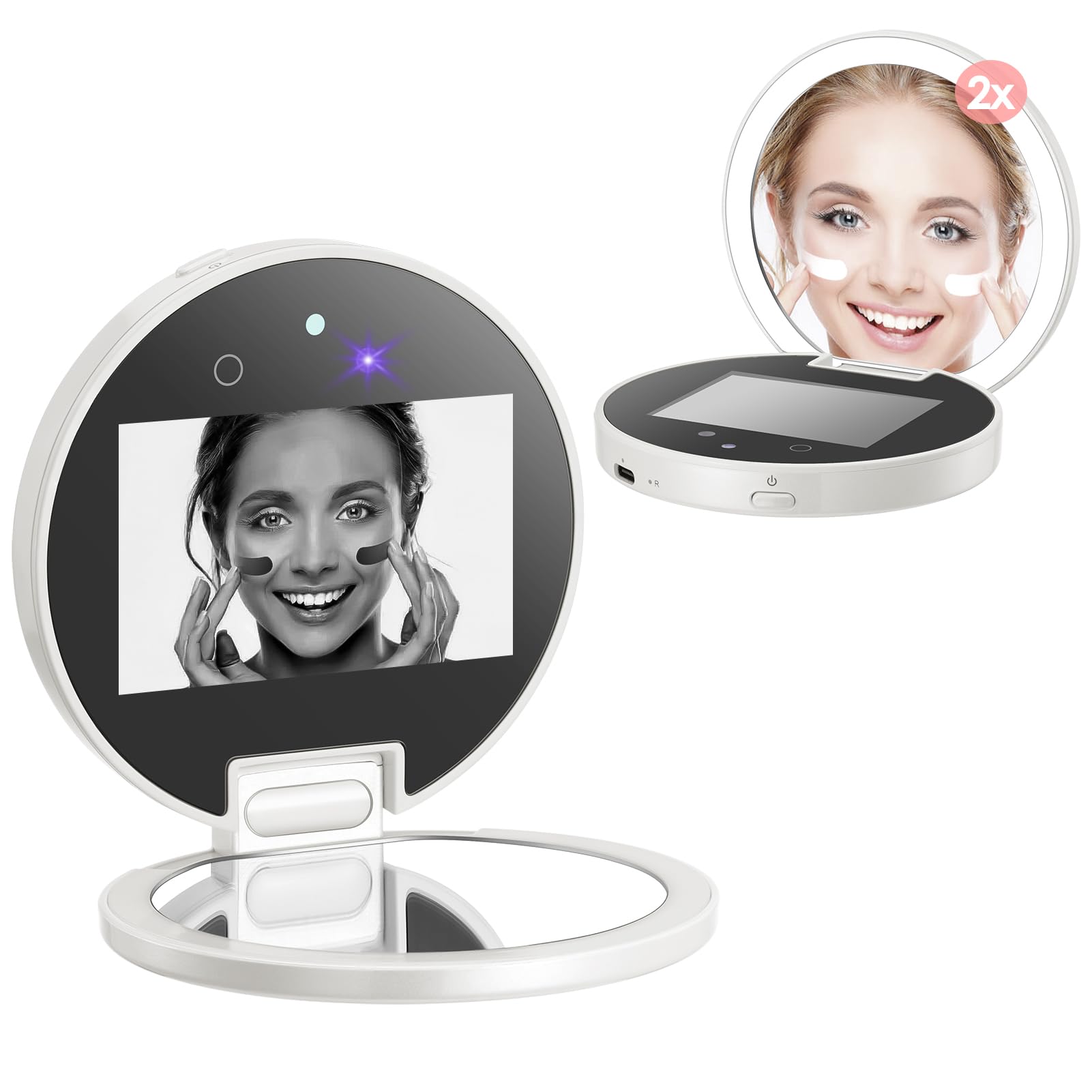 Photo 1 of UV Camera for Sunscreen Test UV Mirror Sunscreen Camera, 3.8 Inch Rechargeable 2X Magnifying Vanity Mirror with Light Handheld Double-Sided Pocket Mirror for Skin Protection(White)