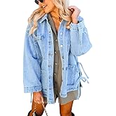 PHISOCKAT Side Tie Bow Jean Jacket Oversized Denim Jacket for Women Button Down Denim Jackets with Pockets 2025