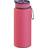 asobu Boulder Puramic Insulated Sport Water Bottle with Dual Function Flip Open and Straw Lid for Hot Coffee and Cold Ice Coffee with Ceramic Coating 34 oz (Red)