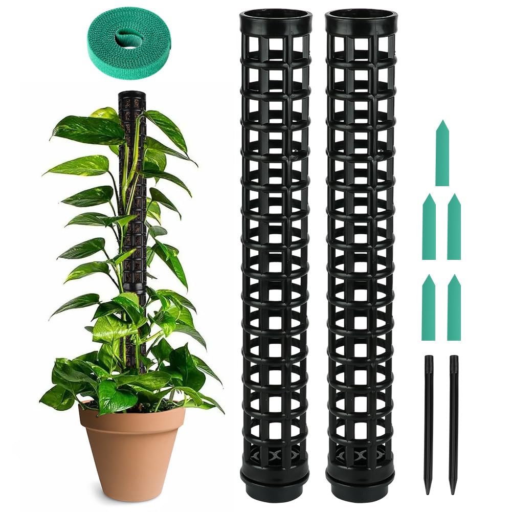 OFFCUP Plastic Moss Poles, 2x 25cm/ 50cm Monstera Plant Support for Climbing Plants, Plant Poles with Cable Ties & Labels, Plant Stakes for Indoor Outdoor Plants (Black)