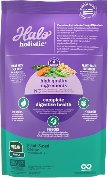 HALO HOLISTIC VEGAN DOG FOOD, PLANT-BASED RECIPE WITH KELP, DRY DOG FOOD, COMPLETE DIGESTIVE HEALTH, KIBBLE FOR ADULT DOGS, 3.5 LB BAG