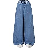 Nivne Tco Girls Wide Leg Jeans, Elastic Waist Baggy Denim Pants with Four Pockets, Trendy Loose Fit Trousers for Girls