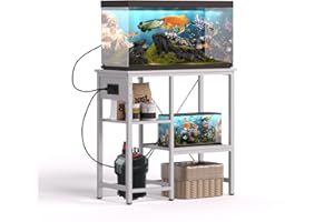 BEURUKU 20-29 Gallon Fish Tank Stand With Power Outlet & LED Light, Metal Aquarium Stand With 3 Tier Adjustable Storage Shelves for Reptile, Turtle, 30.7" L*13.8" W, White
