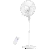 PELONIS 16" Adjustable Oscillating Pedestal Fan with Remote for Bedroom | Quiet 50dB White Standing Fan with 90&deg; Oscillation and 24&deg; Tilt, 3-Speed, 1765 CFM, 7-Hr Timer for Living Room and Office