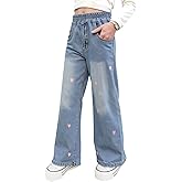 MIANZHI Girls Jeans Embroidery High Elastic Waist Denim Pants with Pockets Y2K Trendy Tween Streetwear 5-14 Years