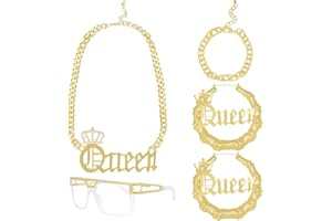 Gvhntk 80s 90s Hip Hop Queen Costume Kit Outfit Jewelry Accessories Set Necklace Bracelet Sunglasses for Woman Rapper DJ Punk