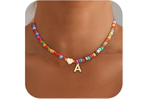 Eaciy Colorful Initial Necklaces for Girls Women Kids - Teen Girls Gifts Trendy Stuff Beaded Initial Necklace Dainty Letter Choker Necklace for Girl Gifts Jewelry