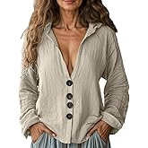 Womens Casual Cotton Linen Button Down V Neck Hooded Shirt 2025 Spring Summer Long Sleeve Loose Solid Tunic Blouse Top