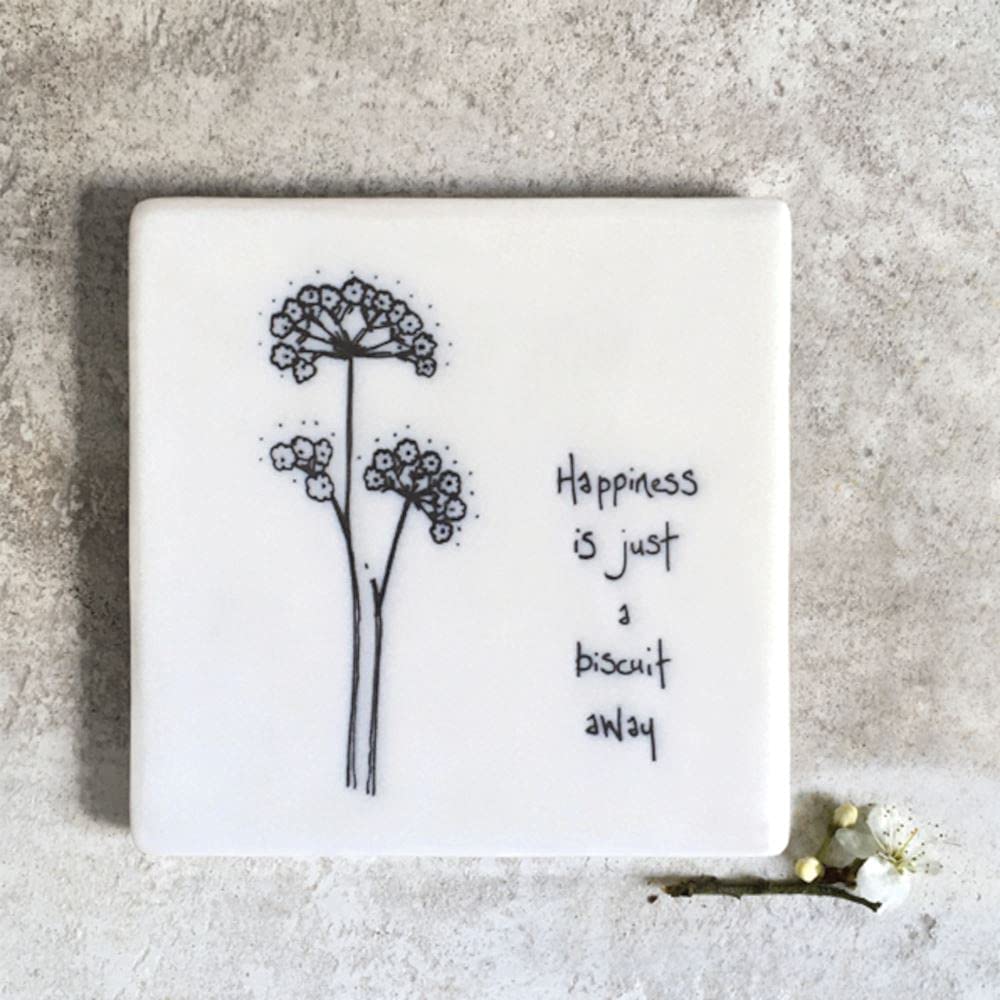 East of India Square Porcelain Coaster - Happiness is just a biscuit away, White