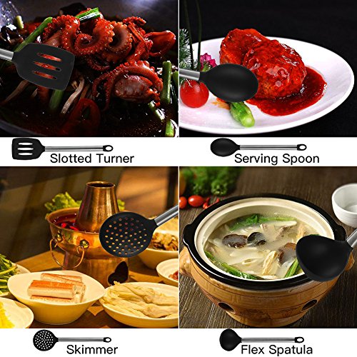 Kitchen Utensil Set - 8 Cooking Utensils Kit Gadgets with Nonstick Silicone & Stainless Steel - Kitchen Tools Serving Spatula, Spoon, Tongs, Whisk, Strainer, Ladle, Pasta Server, Slotted Turner