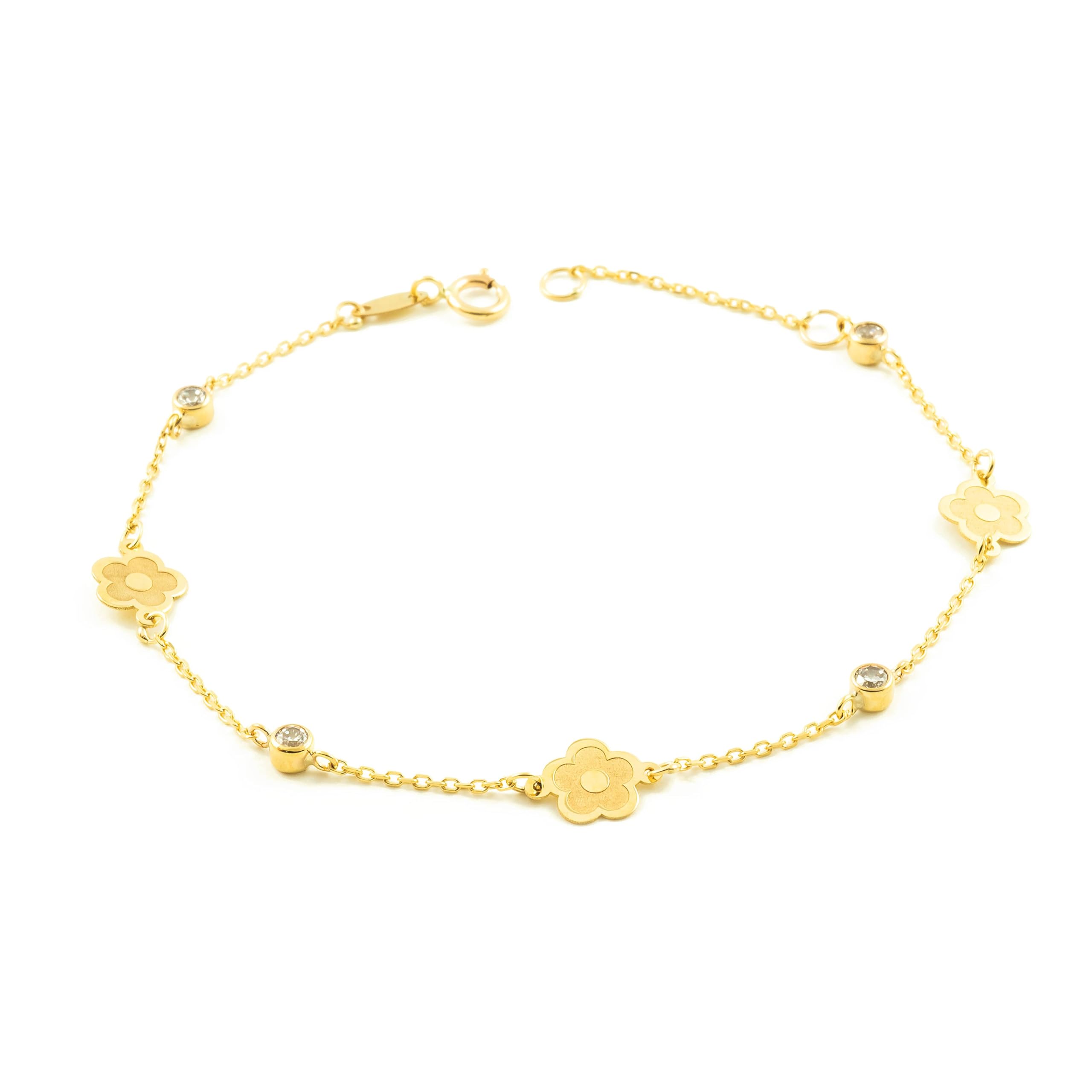 Monde Petit - 9ct Yellow Gold Women's Bracelet Matte and Shiny Zirconia Flowers 18 cm