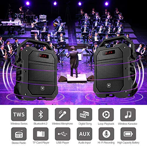 WinBridge K10 PA System, Battery Powered, with 80W Power 12V/5000mAh, Bluetooth Wireless Microphones, Remote Control, Support FM/USB/AUX/Echo/Bass/Treble/Instrument Guitar Amplifier Input - Thumbnail 2