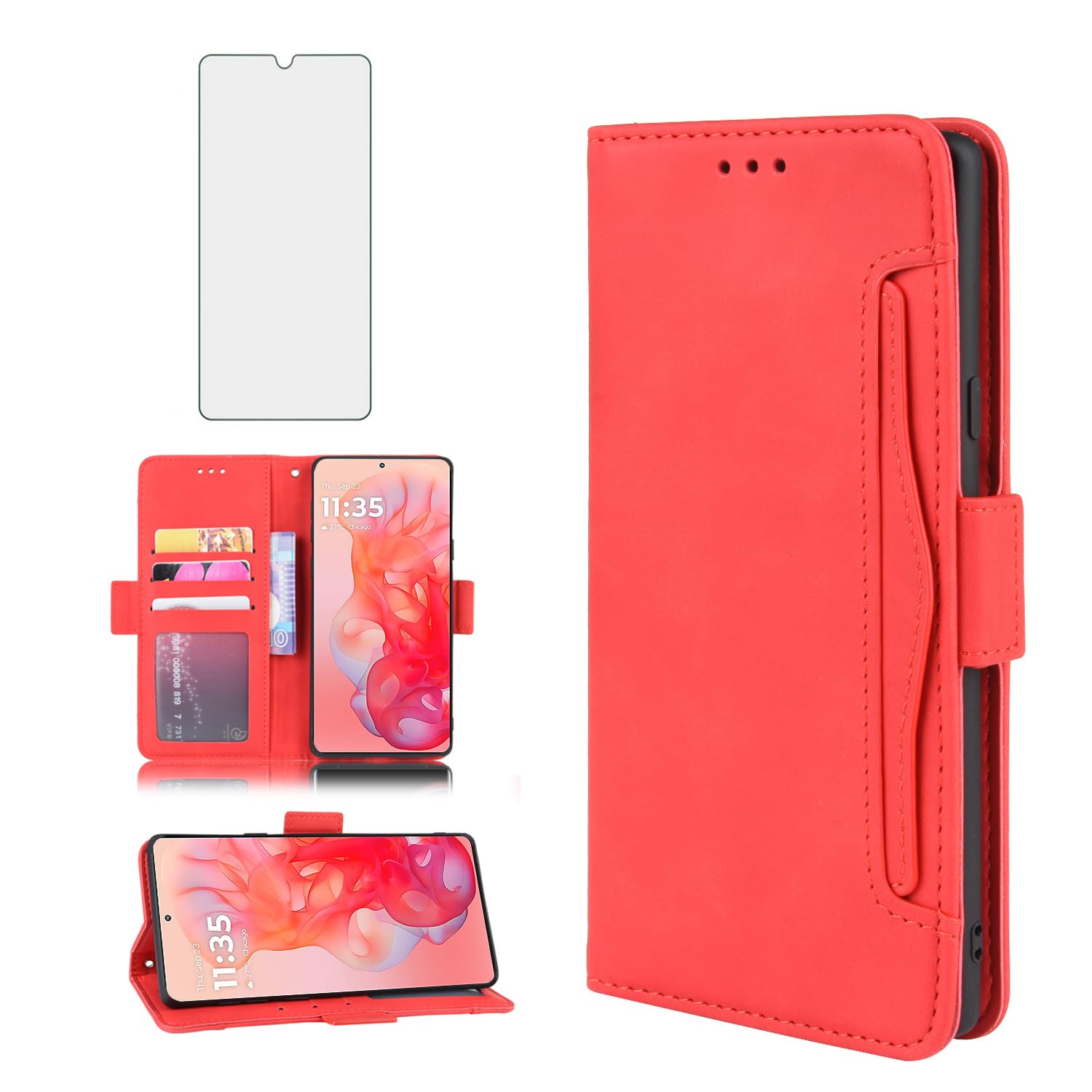 Asuwish Compatible with Motorola Moto G Stylus 5G 2024 Wallet Case and Tempered Glass Screen Protector Card Holder Stand Leather Flip Cell Accessories Phone Cover for G5 Women Men Red