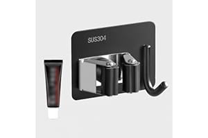 2-in-1 Wall Mount Broom Holder with Hook - Silver Square Shape Tool Organizer with Adhesive for Mop, Garden Tools & Household