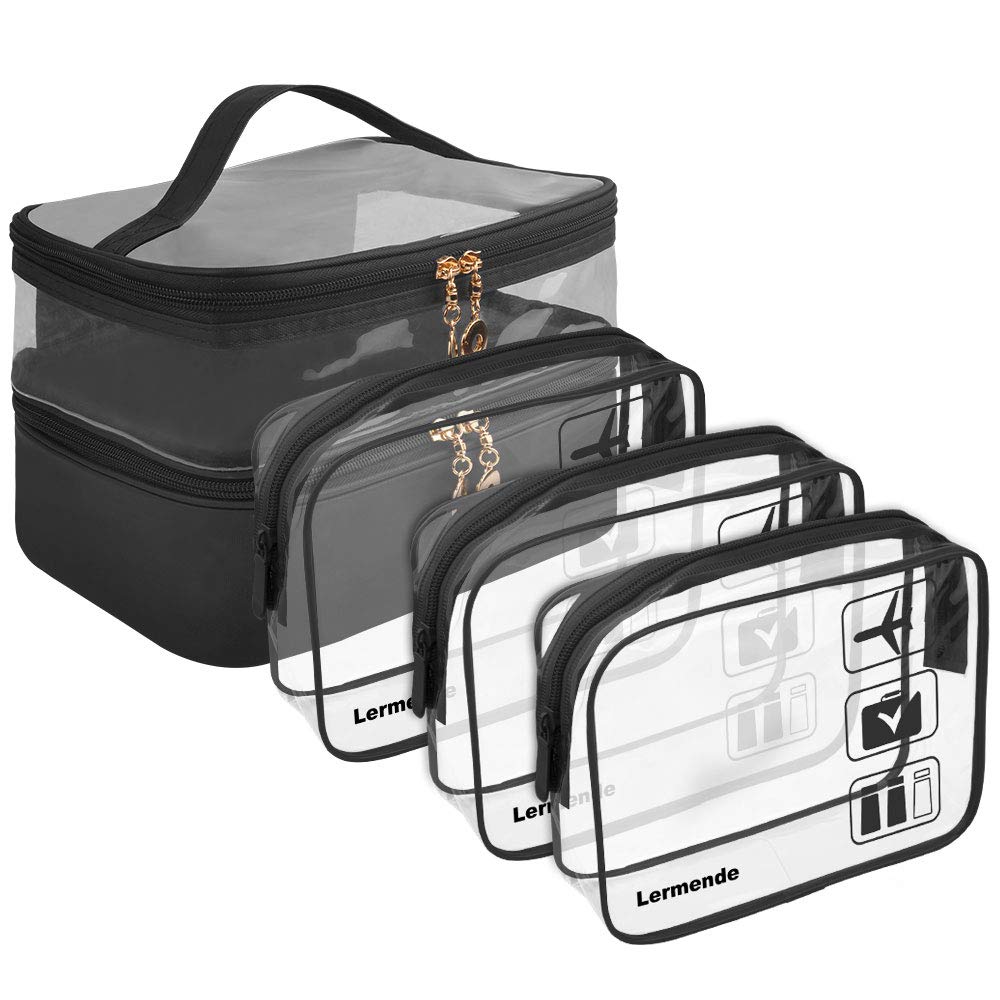 Lermende TSA Approved Clear Travel Toiletry Bag Holiday Cosmetic Bag PVC Makeup Bags (Black 4 Set)