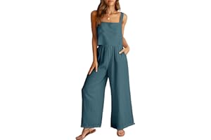 Prinbara Women's 2 Piece Outfits Lounge Sets Sleeveless Square Neck Linen Tank Crop Top Wide Leg Pants Matching Sets