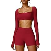 ABOCIW Women Square Neck Long Sleeve Workout Crop Top Low Medium Impact Athletic Yoga Gym Shirts with Built in Bra(ONLY TOP)