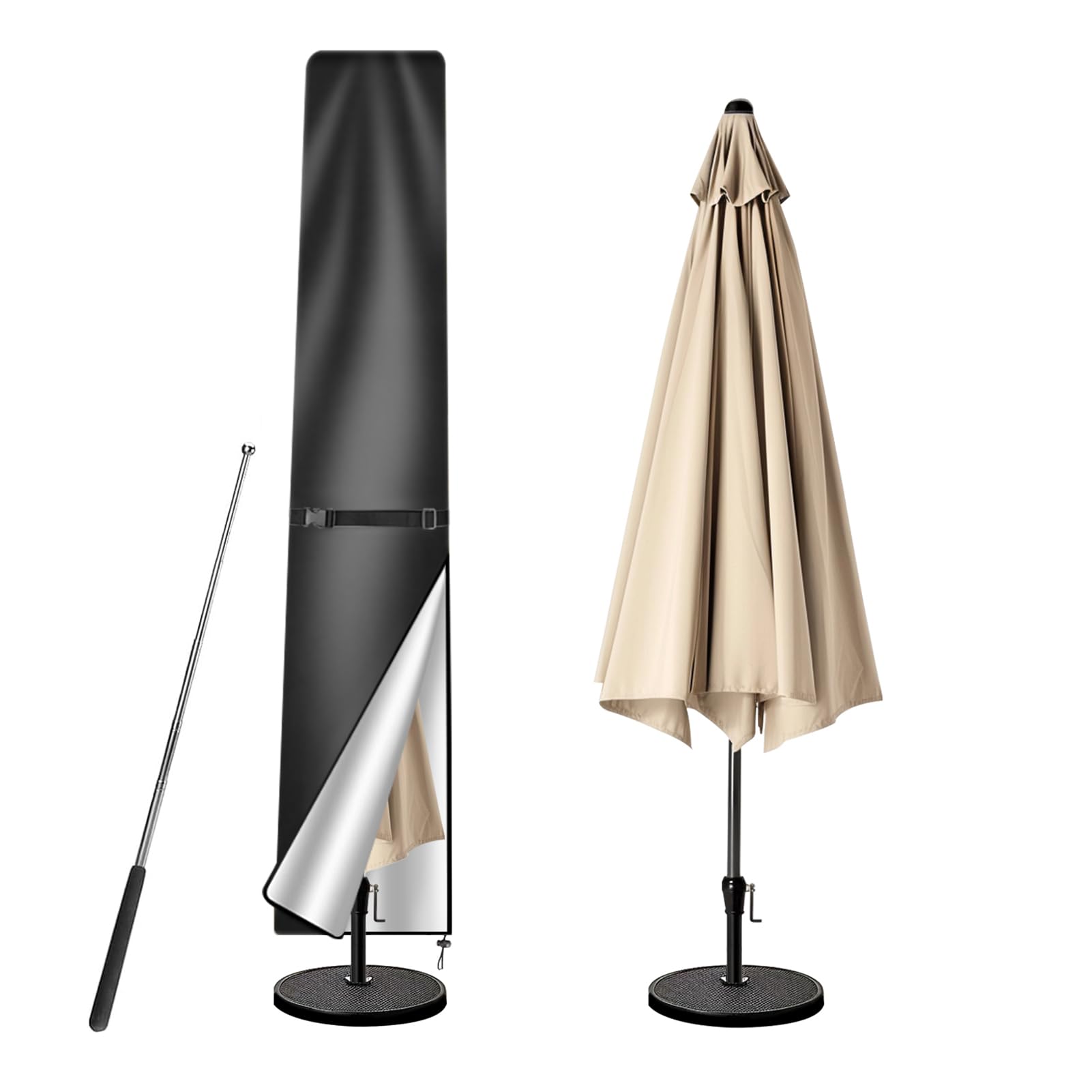 wiipara Parasol Cover with Rod, Parasol Protective Cover fit for Waterproof UV-Block Windproof Large Umbrella Cover with Zip and Storage Bag for Garden Outdoor (Black, 170x25(top) x35(bottom) cm) — image 1