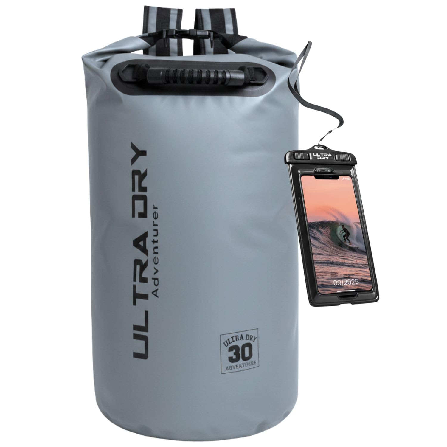Ultra Dry Adventurer 30L Dry Bag Backpack - Premium Gray Waterproof Bag with Waterproof Phone Pouch & Padded Backpack Straps for Kayaking, Canoeing, Boating & Camping