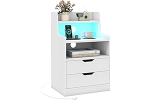 KOMFOTT Nightstand with Charging Station & LED Lights, Smart Night Stand with Hutch & Remote, Modern Side End Table with 2 St