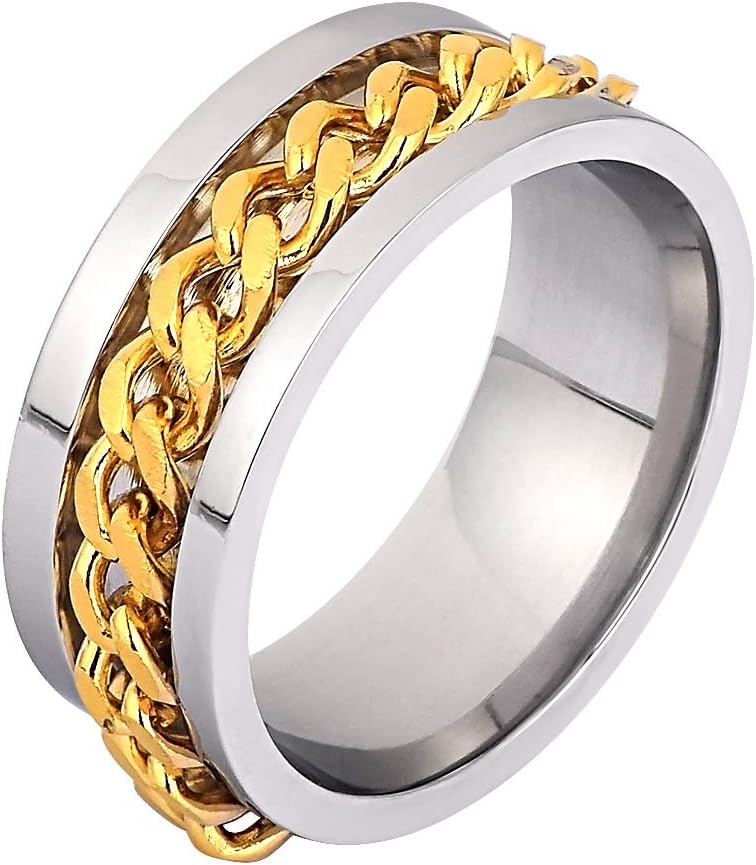 Men Titanium Steel Chain Rings Biker Grooved Edge 8mm Width Black/Gold/Sliver Size 6-12