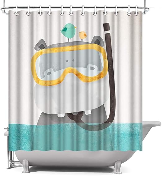 Amazon Com Artbones Cute Hippo Kids Shower Curtain 72x72inch With Hooks Animal Baby River Horse Diver Bird Teal Ocean Water Fabric Shower Curtains Bathroom Decoration Kitchen Dining