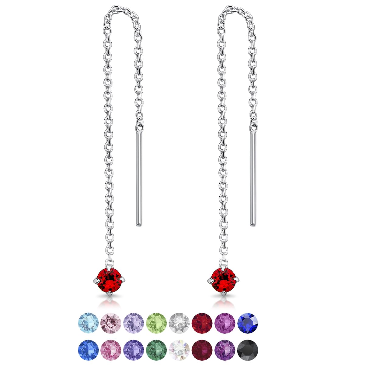 DTPsilver® 925 Sterling Silver SMALL Pull Through Drop Chain Earrings & MINI Round Dangling 3 mm Glittering Crystals from Swarovski® Elements - Total Length 57 mm - Colour : Red Light Siam