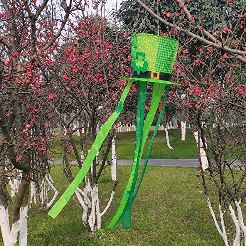 OUTOUR St.Patrick's Day Saint Patrick's Day Green Top Hat Fabric Windsock Wind Sock Hanging Decorations 47" Flag for Garden Patio Lawn Backyard Home Yard Porch Balcony Outdoor Decor Party Supplie