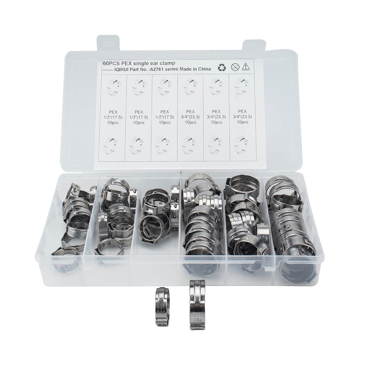 MACHSWON 60 Pcs Hose Clips 1/2" 3/4" PEX 304 Stainless Steel Single-Ear Clamps 17.5mm 23.3mm Automotive Tubing Hose Water Pipe Clamp Assortment Kit