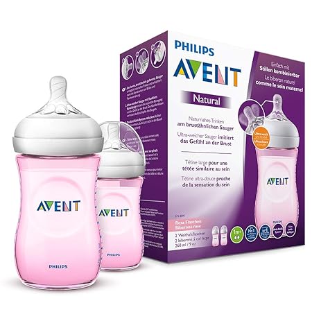 Philips Avent Natural Flasche SCF034/27, 260 ml, naturnahes Trinkverhalten, Anti-Kolik-System, rosa, 2er Pack