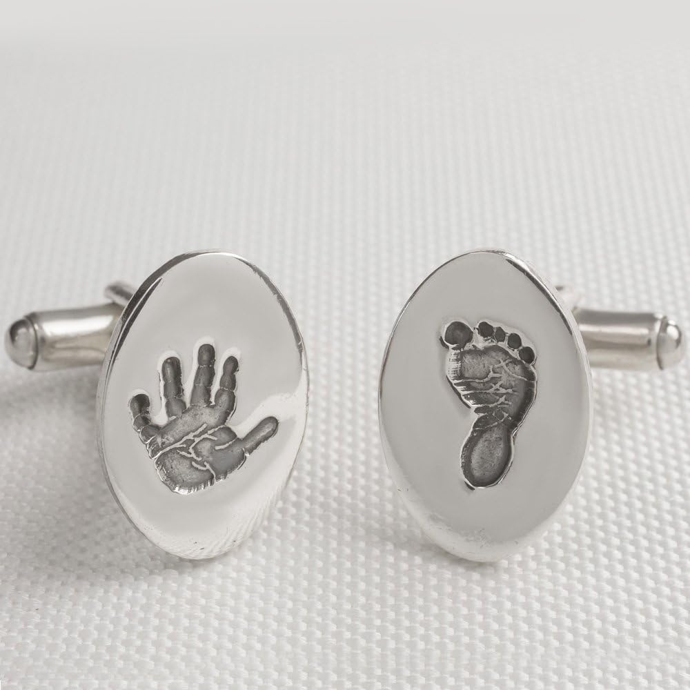 Personalized Oval Silver Cufflinks with Yours or Your Own Child's Hand Print and Foot Print Impressions