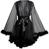 BPURB Women's Tulle Robe with Feather Photoshoot Bathrobe Illusion Wedding Gown for Party