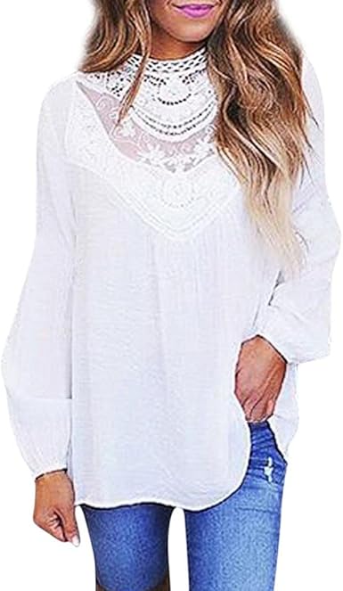 Camisetas Mujer, 2018 Encaje Patchwork Camiseta De Manga Larga Transparente Sexy, Blusa Tops Primavera OtoñO Elegantes Anchas Cuello O De Mujer (L, Blanco): Amazon.es: Ropa y accesorios