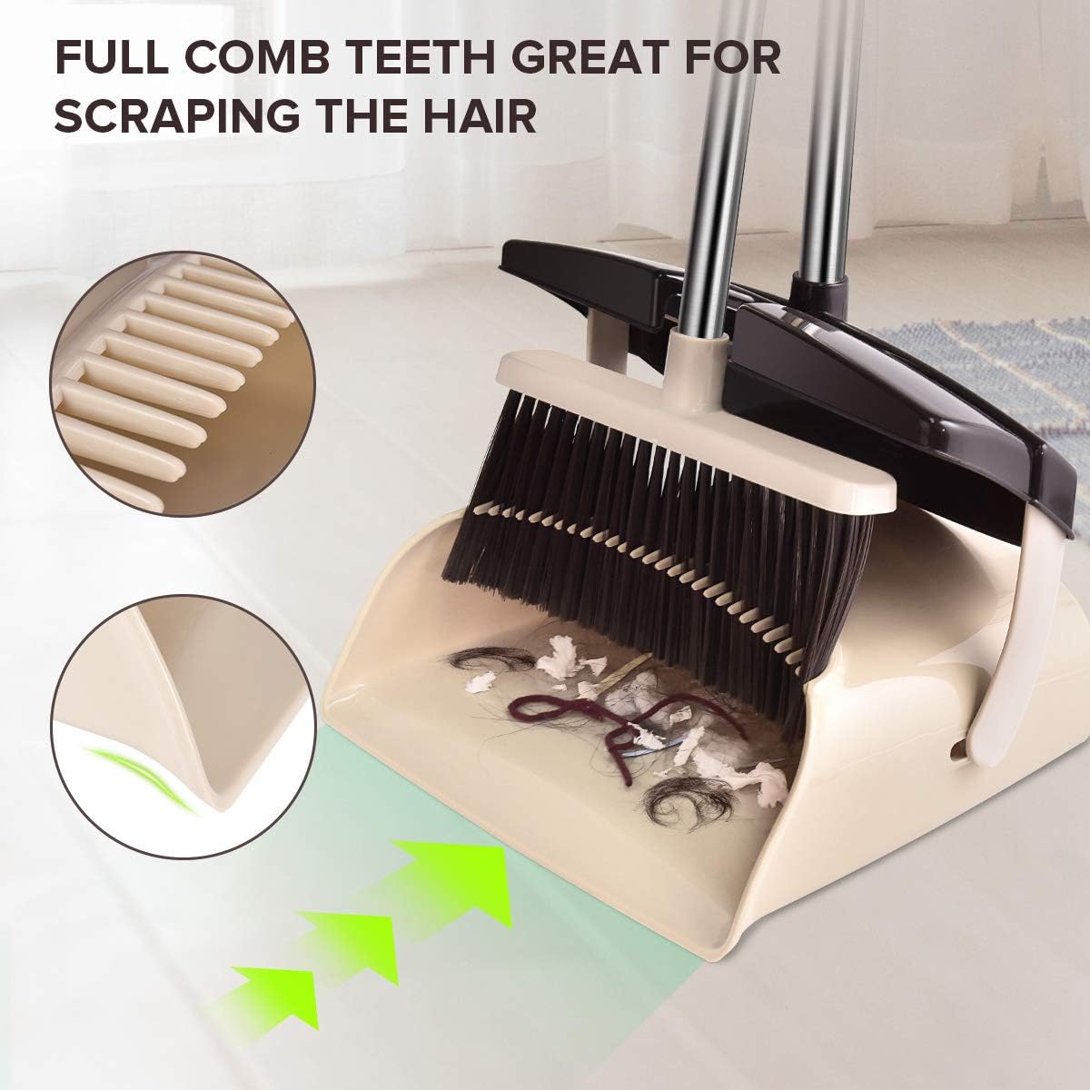 Mosuch Broom and Dustpan Set Extendable Long Handle Brooms Upright Standing Dustpans Lightweight Stainless Self-Clean Soft Broom Combo for Home Indoor Kitchen Lobby Office Living Room: Kitchen & Dining