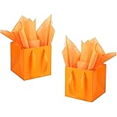 IN-JOOYAA 10 Pcs Orange Square Gift Bags with Tissue Paper Small Size Solid Party Favor Bags with Handles for Gift Giving (8x8x8 In, Orange)
