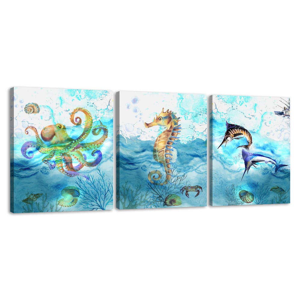 Octopus Wall Art 3 Pieces Kids Room Wall Art Sea Horse Fish Animal Painting Canvas Prints For Bathroom Bedroom Living Room Wall Decoration Sea Animals Modern Art Girls Boys Gifts 12x16inx3