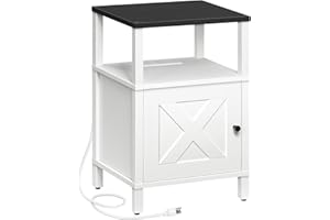 MAHANCRIS Farmhouse Nightstand with Charging Station, White Bedside Table with USB&Type-C Ports and Outlets, End Table with S