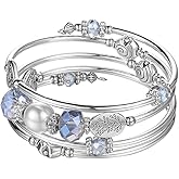 PEARL&CLUB Bead Crystal Wrap Bangle Bracelet - Fashion Jewelry Beaded Bracelet with Silver Metal, Gifts for Women