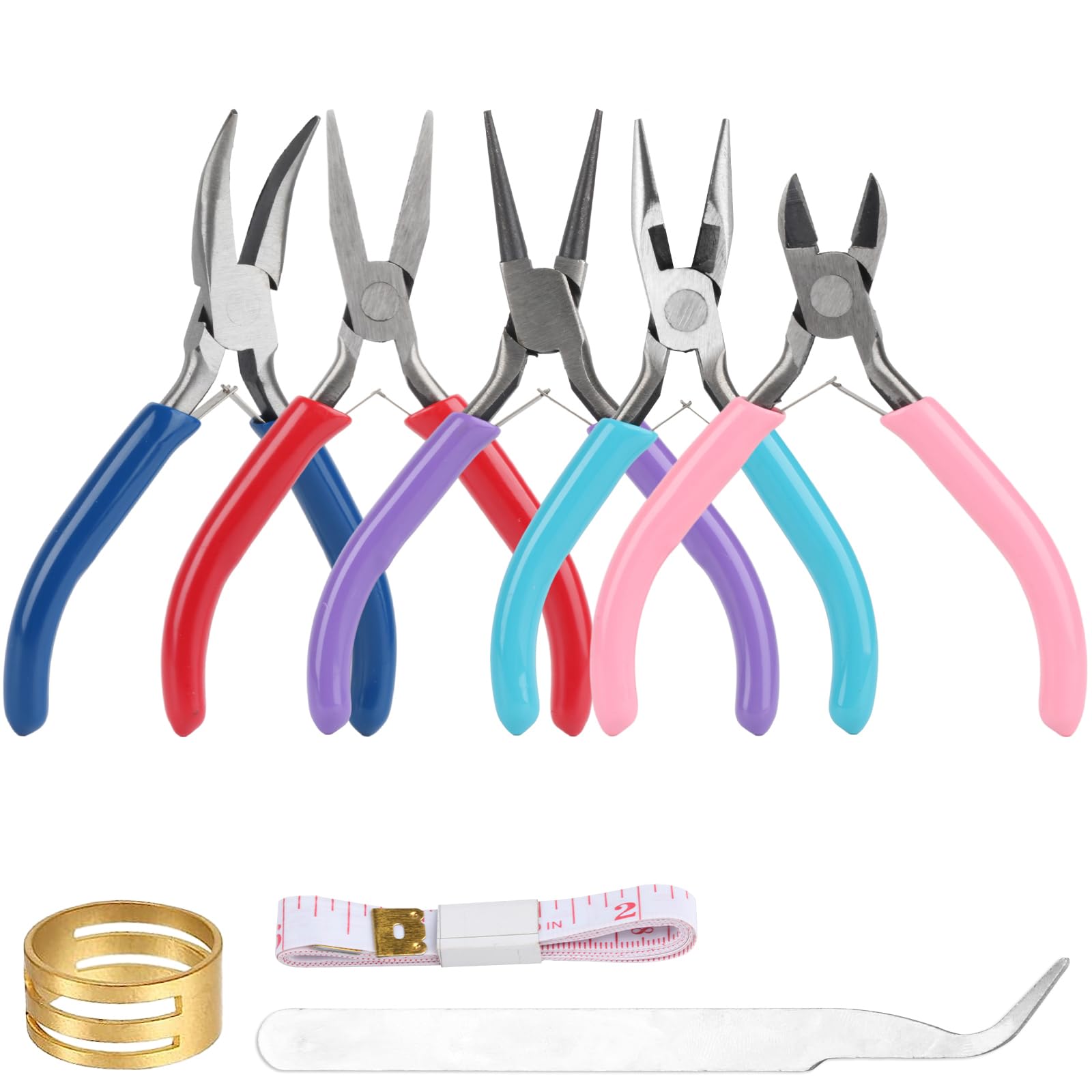 Xiaomoyu 5 Pcs Jewellery Pliers Set, Jewellery Making Tools, Diagonal Round Nose Needle Nose Pliers for Crafting, with Tweezers Ring Ruler