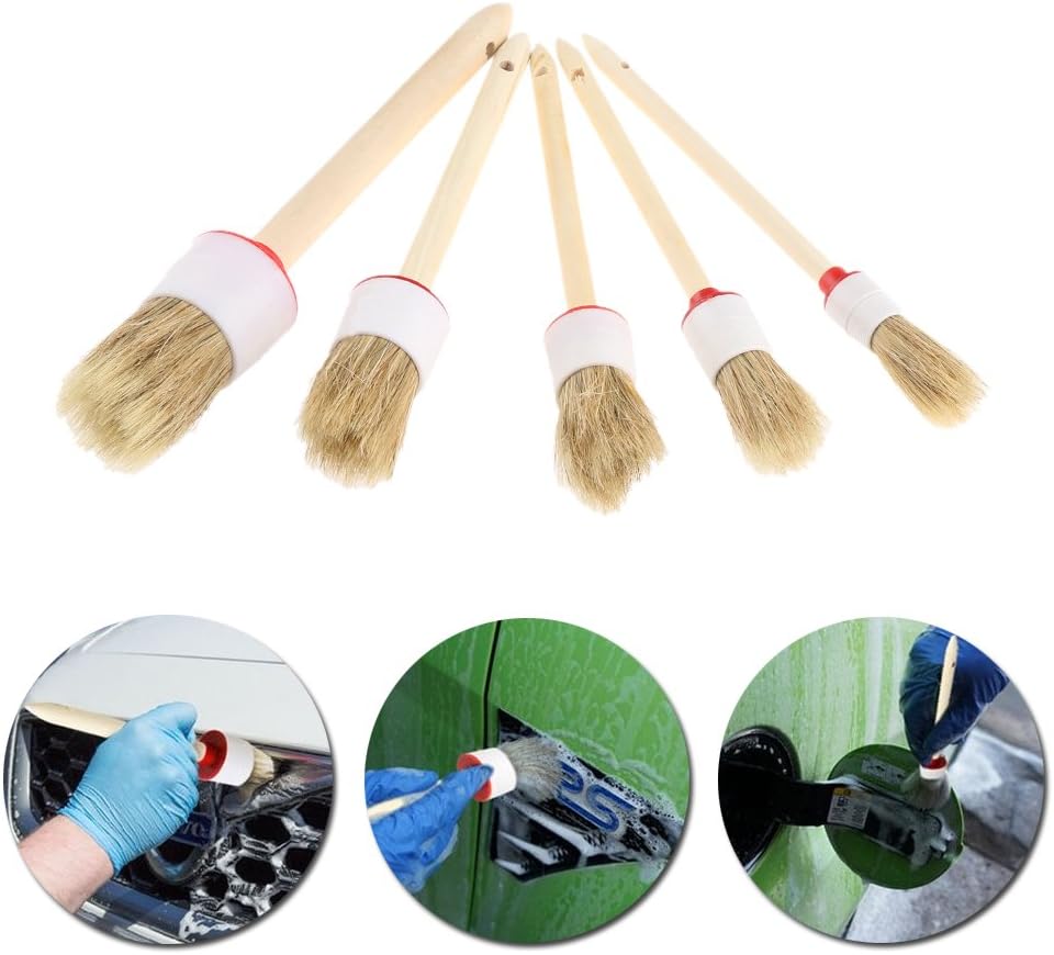 Gragas 5Pcs Car Accessory Wood Handle Soft Brushes Car Detailing Brushes For Interior,Dashboard,Rims,Wheel,Air-Conditioning,Engine